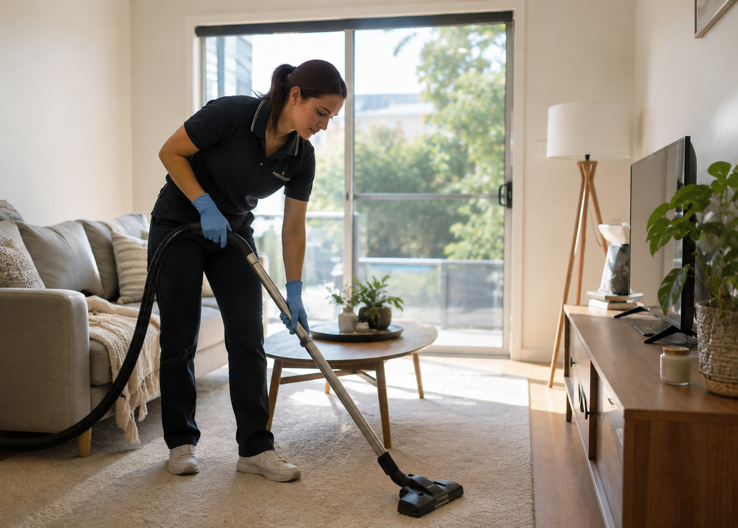 professional cleaner vacuuming a living room during bond cleaning in Melbourne